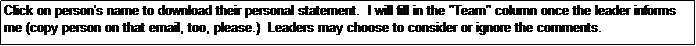 Text Box: Click on person's name to download their personal statement.  I will fill in the "Team" column once the leader informs me (copy person on that email, too, please.)  Leaders may choose to consider or ignore the comments.